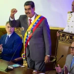 Venezuelan President Nicolás Maduro, accompanied by National Assembly President Jorge Rodríguez and Attorney General Tarek William Saab, presents his annual address at the National Assembly, January 15, 2024. Photo: EFE.