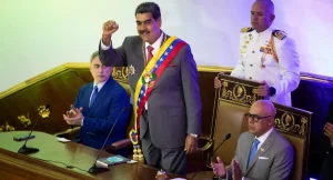Venezuelan President Nicolás Maduro, accompanied by National Assembly President Jorge Rodríguez and Attorney General Tarek William Saab, presents his annual address at the National Assembly, January 15, 2024. Photo: EFE.