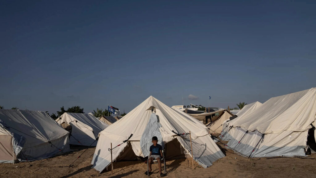 A Palestinian child now a refugee living in this tent because of the Israeli genocide. Photo: Getty Images.