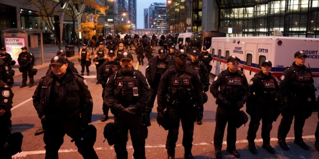 Toronto Police block a road during a march for Gaza rally in support of Palestine in Toronto, on Saturday, Nov. 4, 2023.Photo: The Canadian Press/Arlyn McAdorey.