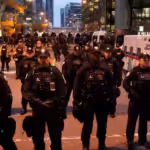 Toronto Police block a road during a march for Gaza rally in support of Palestine in Toronto, on Saturday, Nov. 4, 2023.Photo: The Canadian Press/Arlyn McAdorey.