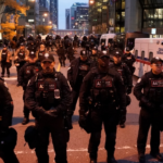 Toronto Police block a road during a march for Gaza rally in support of Palestine in Toronto, on Saturday, Nov. 4, 2023.Photo: The Canadian Press/Arlyn McAdorey.