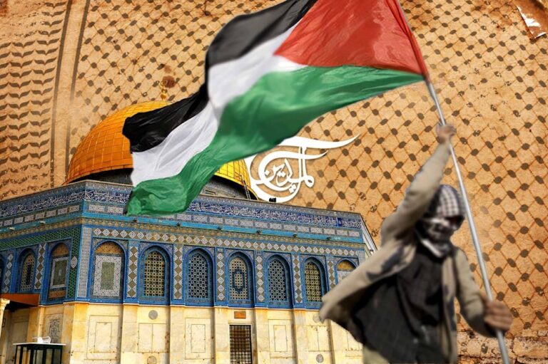 Photo composition showing a person holding a Palestinian flag with the Al-Aqsa Mosque in the background. Photo: Al Mayadeen.