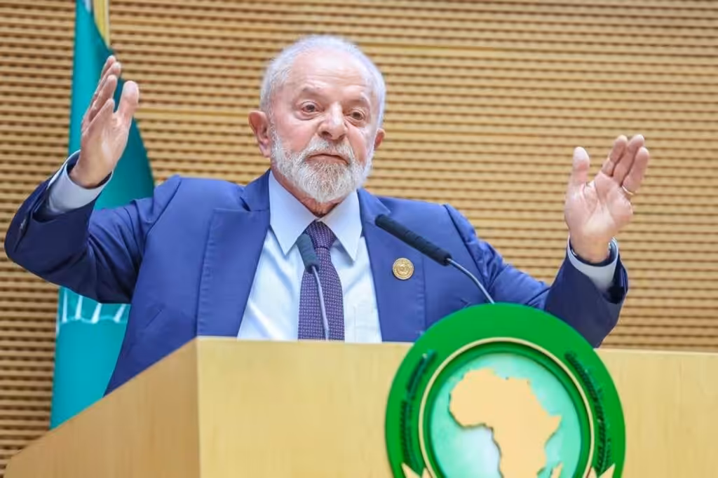 Brazilian President Luiz Inacio Lula da Silva speaking during the opening ceremony of the 37th Session of the Assembly of the African Union (AU) at the AU headquarters in Addis Ababa on February 17, 2024. Photo: Brazilian Presidency.