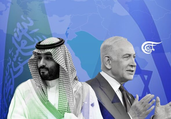 Photo composition: Mohammed bin Salman (left), Benjamin Netanyahu (right) and in the background the flags of Saudi Arabia and Israel. Photo: Al Mayadeen - English.