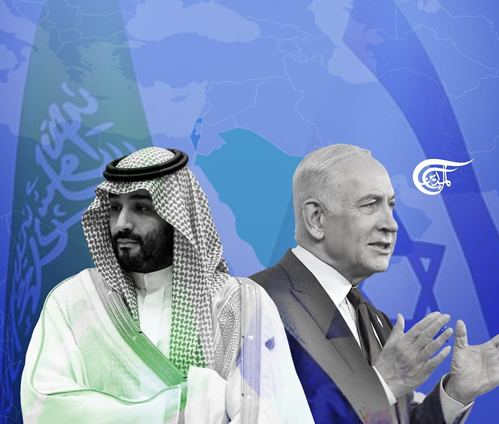 Photo composition: Mohammed bin Salman (left), Benjamin Netanyahu (right) and in the background the flags of Saudi Arabia and Israel. Photo: Al Mayadeen - English.
