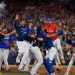 Venezuelan baseball team Tiburones de la Guaira celebrating after winning the Caribbean Series final in Miami, Florida, February 9, 2024. Photo: Chandan Khanna/AFP.