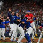Venezuelan baseball team Tiburones de la Guaira celebrating after winning the Caribbean Series final in Miami, Florida, February 9, 2024. Photo: Chandan Khanna/AFP.