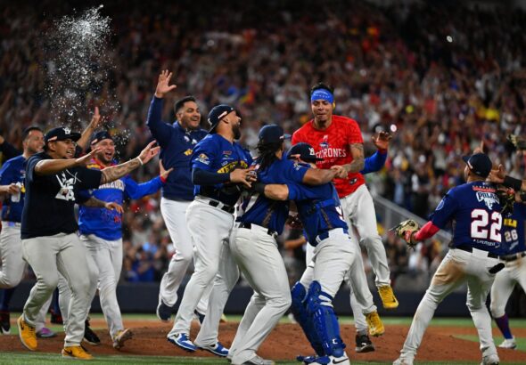 Venezuelan baseball team Tiburones de la Guaira celebrating after winning the Caribbean Series final in Miami, Florida, February 9, 2024. Photo: Chandan Khanna/AFP.
