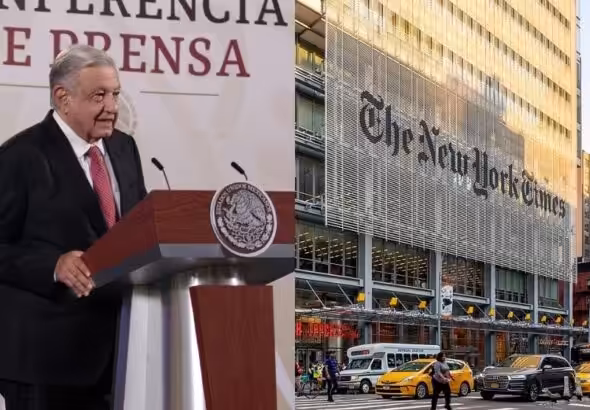 Mexican President Andrés Manuel López Obrador (left) and the New York Times headquarters (right). Photo: RedRadioVE.