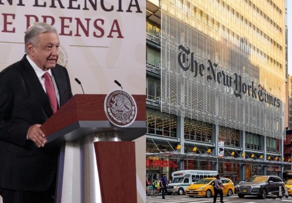 Mexican President Andrés Manuel López Obrador (left) and the New York Times headquarters (right). Photo: RedRadioVE.