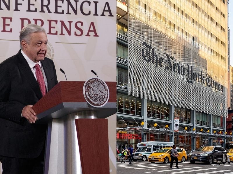 Mexican President Andrés Manuel López Obrador (left) and the New York Times headquarters (right). Photo: RedRadioVE.