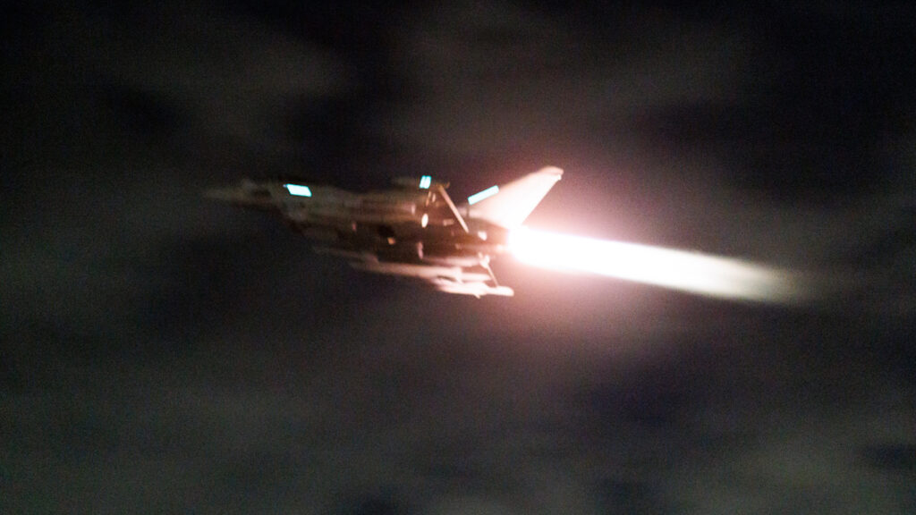 An RAF Typhoon aircraft takes off to conduct further strikes against Ansar Allah targets in Yemen from RAF Akrotiri, Cyprus, Feb. 3, 2024. Photo: Jake Green/Ministry of Defence/AP.