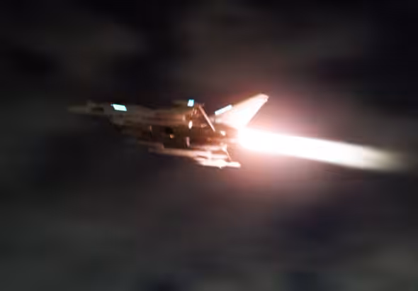 An RAF Typhoon aircraft takes off to conduct further strikes against Ansar Allah targets in Yemen from RAF Akrotiri, Cyprus, Feb. 3, 2024. Photo: Jake Green/Ministry of Defence/AP.