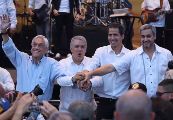 (From left to right) Former president of Chile, Late Sebastián Piñera; former president of Colombia, Iván Duque; former Venezuelan National Assembly Deputy Juan Guaidó, and former president of Paraguay, Mario Abdo Benitez, at the Venezuela Aid Live concert in Cúcuta, Colombia, February 23, 2019. Photo: Mauricio Dueñas Castaneda/EFE.