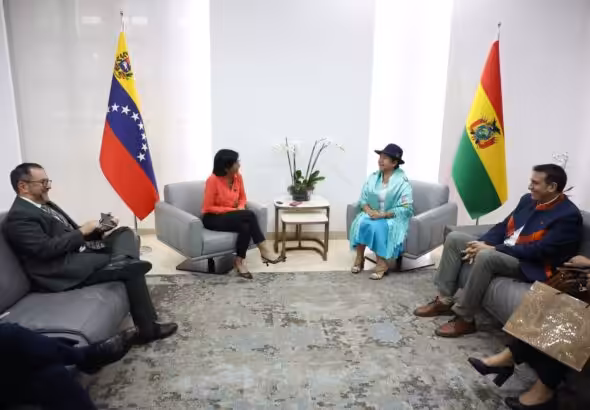 Venezuelan Vice President Delcy Rodríguez meets with Bolivian Foreign Affairs Minister Celinda Sosa, Caracas, Venezuela, February 16, 2024. Photo: X/@ViceVenezuela.
