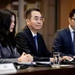 Ma Xinmin (center), Director General of the Department of Treaty and Law of China's Ministry of Foreign Affairs, attends a hearing at the International Court of Justice in The Hague on the legal consequences of the Israeli occupation of the Palestinian territories, on February 22, 2024. Photo: Robin van Lonkhuijsen/ANP/AFP.