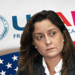 Photo composition showing US-supported NGO activist Rocío San Miguel with a background showing the USAID logo and the US flag. Photo: Orinoco Tribune.