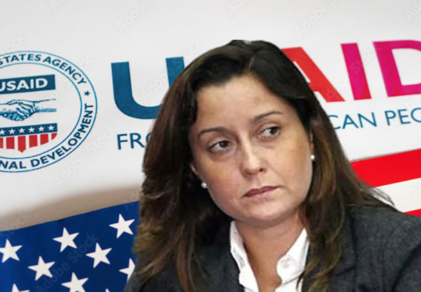 Photo composition showing US-supported NGO activist Rocío San Miguel with a background showing the USAID logo and the US flag. Photo: Orinoco Tribune.