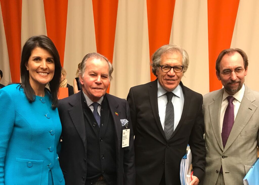 Featured image: Venezuelan far-right politician Diego Arria (center left) escorted by then US ambassador to the United Nations Nikkey Alley (left) and Organization of American States Secretary Luis Almagro (right) after a Security Council meeting on Venezuela in 2017. Photo:  X/@maiborpetit/file photo.
