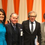 Featured image: Venezuelan far-right politician Diego Arria (center left) escorted by then US ambassador to the United Nations Nikkey Alley (left) and Organization of American States Secretary Luis Almagro (right) after a Security Council meeting on Venezuela in 2017. Photo:  X/@maiborpetit/file photo.