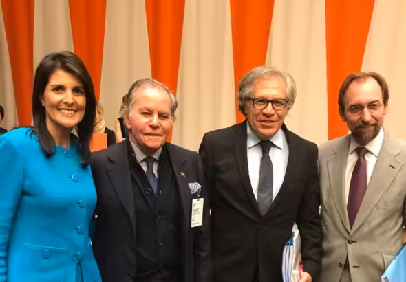 Featured image: Venezuelan far-right politician Diego Arria (center left) escorted by then US ambassador to the United Nations Nikkey Alley (left) and Organization of American States Secretary Luis Almagro (right) after a Security Council meeting on Venezuela in 2017. Photo:  X/@maiborpetit/file photo.