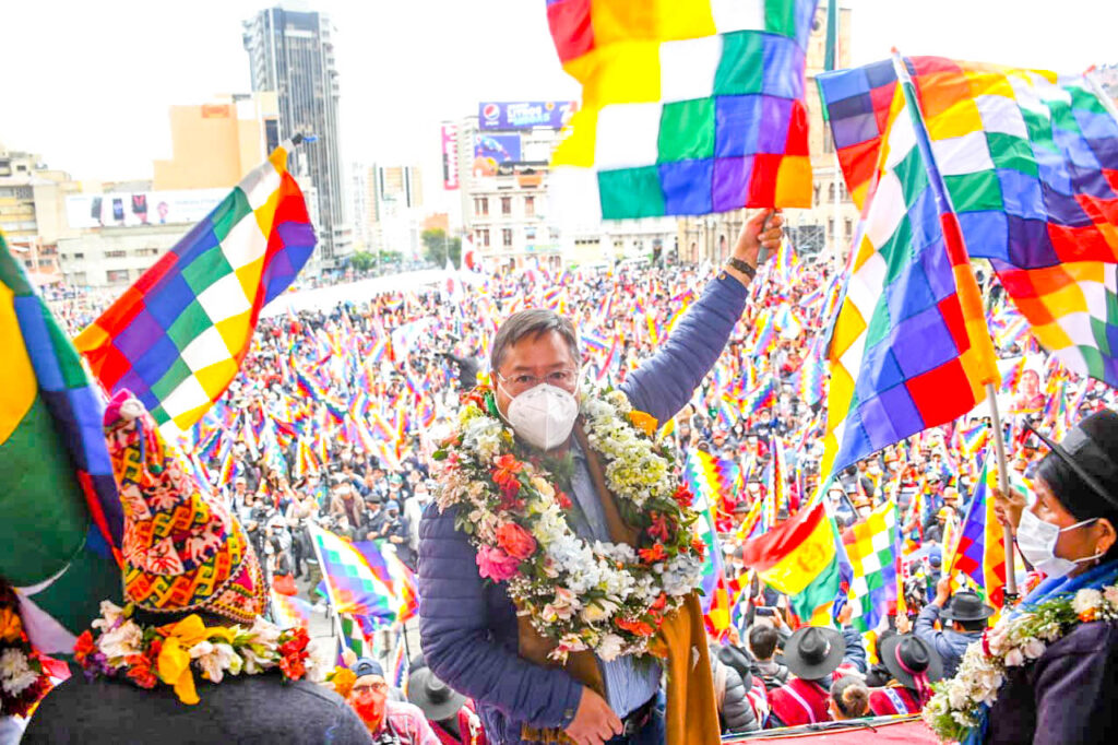 Luis Arce Catacora (Center) the popular president of Bolivia, at a rally for the Wiphala, La Paz, Bolivia, October 12, 2021. Photo: X/@LuchoXBolivia.