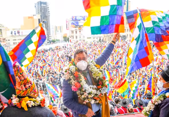 Luis Arce Catacora (Center) the popular president of Bolivia, at a rally for the Wiphala, La Paz, Bolivia, October 12, 2021. Photo: X/@LuchoXBolivia.