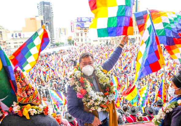 Luis Arce Catacora (Center) the popular president of Bolivia, at a rally for the Wiphala, La Paz, Bolivia, October 12, 2021. Photo: X/@LuchoXBolivia.