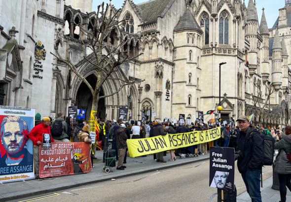 Scene outside the Royal Courts of Justice on Day One of Julian Assange hearing Tuesday. Photo: Joe Lauria.