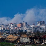 Smoke rises following an Israeli bombardment in the Gaza Strip, as seen from southern occupied Palestine, Sunday, Feb. 4. Photo: AP.