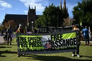 Rally in Sydney, Australia, demanding freedom for Julian Assange, May 24, 2023. Photo: Steven Saphore/Anadolu Agency via Getty Images.