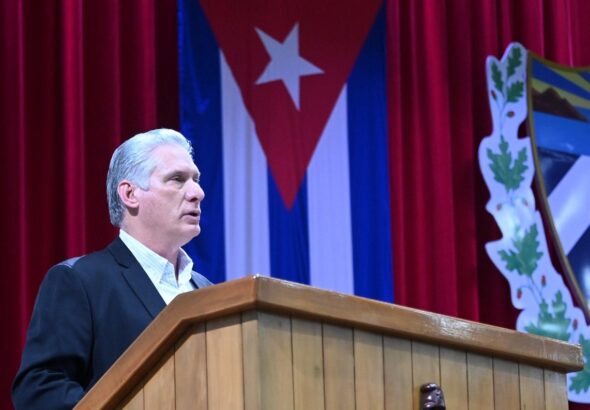 Miguel Mario Díaz-Canel Bermúdez, First Secretary of the Central Committee of the Cuban Communist Party and President of the Republic of Cuba, at the closing of the Second Ordinary Session of the National Assembly of People's Power, held in the Convention Palace, on December 22, 2023. Photo: X/@clashreport.