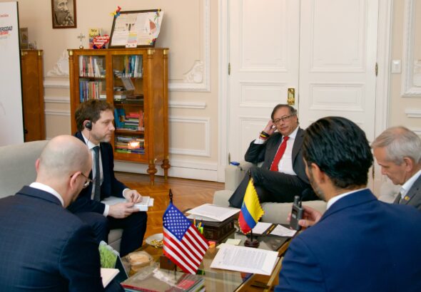 Colombian President Gustavo Petro looking at his translator during a meeting with Biden's Special Advisor for Western Hemisphere Juan González and US National Security Deputy Advisor John Finer, at the Nariño Palace in Bogota, February 5, 2024. Photo: X/@infopresidencia.