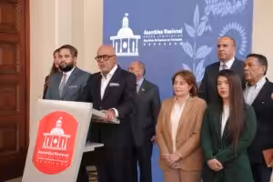 The president of Venezuela's National Assembly, Jorge Rodriguez, issuing statements to the press. Photo: X/@Asamble_Ven.