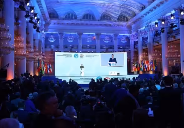 Deputy head of the Russia's Security Council and chairman of the United Russia political party, Dmitry Medvedev speaks at the Forum of Supporters of the Struggle Against Modern Practices of Neocolonialism. Photo: United World International.