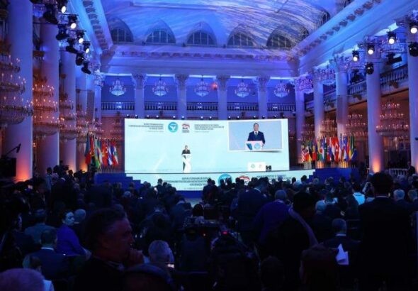 Deputy head of the Russia's Security Council and chairman of the United Russia political party, Dmitry Medvedev speaks at the Forum of Supporters of the Struggle Against Modern Practices of Neocolonialism. Photo: United World International.