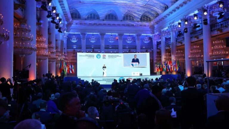 Deputy head of the Russia's Security Council and chairman of the United Russia political party, Dmitry Medvedev speaks at the Forum of Supporters of the Struggle Against Modern Practices of Neocolonialism. Photo: United World International.