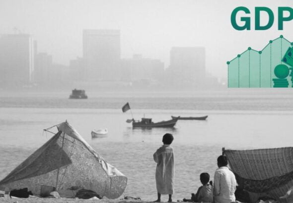Shacks, boats, and poor children on one side of a river, while skyscrapers are visible on the other side, and a graph showing GDP growth superimposed on the photograph. Photo composition: NewsClick.