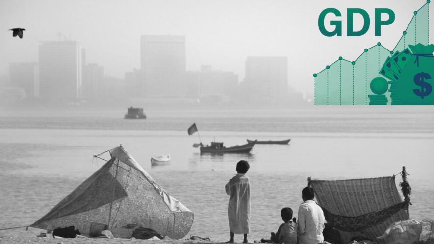 Shacks, boats, and poor children on one side of a river, while skyscrapers are visible on the other side, and a graph showing GDP growth superimposed on the photograph. Photo composition: NewsClick.