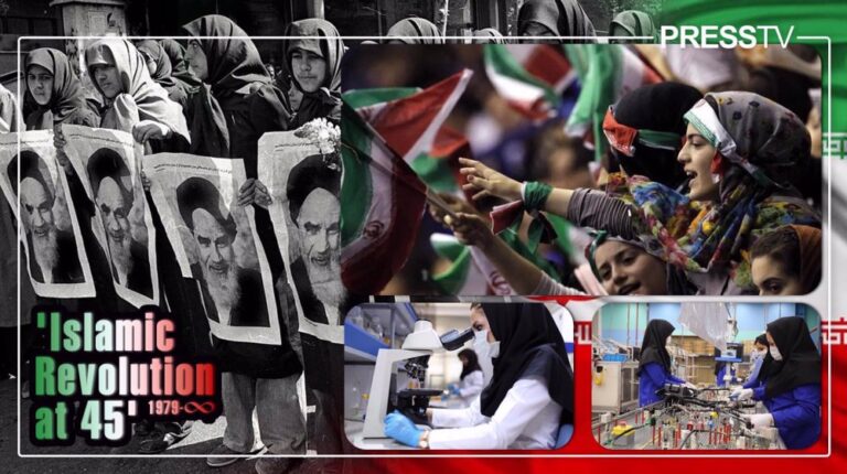 Collage showing Iranian women working in science disciplines, and celebrating the 45th anniversary of the Islamic Revolution. Photo: PressTV.