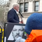 WikiLeaks Editor-in-Chief Kristinn Hrafnsson addressing supporters outside the courthouse. Photo: Joe Lauria.
