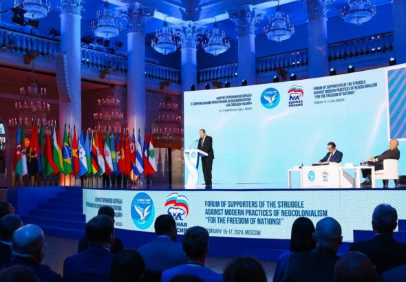 Russian FM Sergey Lavrov speaks at the For the Freedom of Nations Forum of Supporters of the Struggle Against Modern Practices of Neocolonialism, in Moscow, Russia, February 16, 2024. Photo: X/@mfa_russia.
