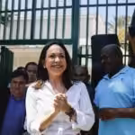 Venezuelan far-right opposition politician María Corina Machado among supporters. File photo.