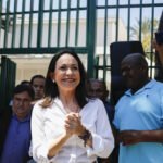 Venezuelan far-right opposition politician María Corina Machado among supporters. File photo.
