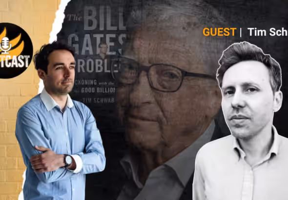 Compilation image depicting Alan MacLeod (Left) and Tim Schwab (Right) over a backdrop of Bill Gates. Photo: MintPress.