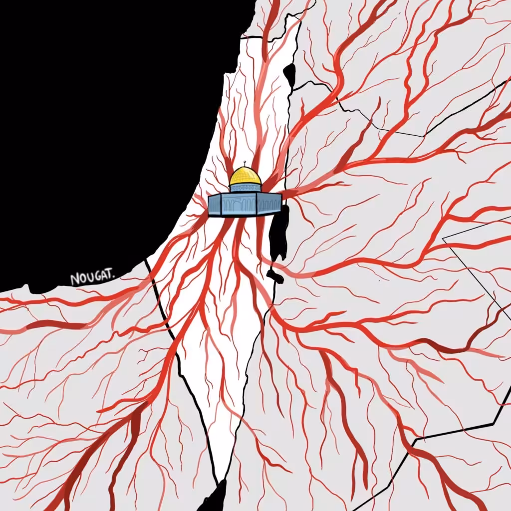 Artistic drawing of Palestine and Al-Aqsa Mosque connected by arteries to the Arab world. Photo: Mohammad Nouhad Alameddine/Al-Akhbar.