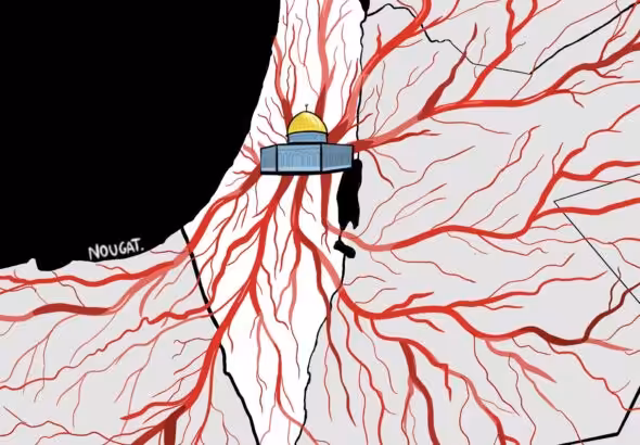 Artistic drawing of Palestine and Al-Aqsa Mosque connected by arteries to the Arab world. Photo: Mohammad Nouhad Alameddine/Al-Akhbar.
