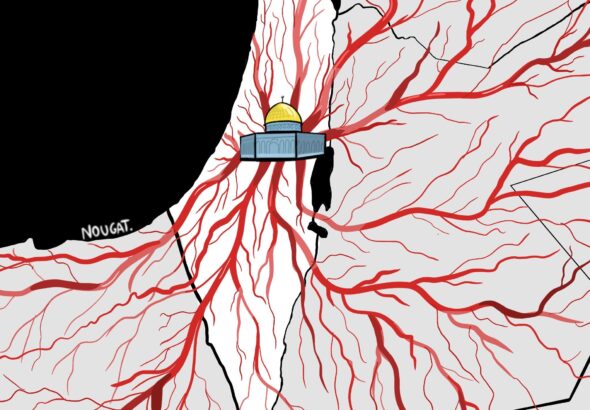 Artistic drawing of Palestine and Al-Aqsa Mosque connected by arteries to the Arab world. Photo: Mohammad Nouhad Alameddine/Al-Akhbar.