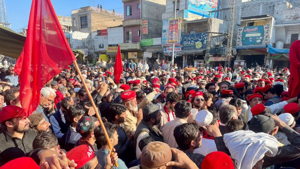 Members of the Awami National Party protest in Charsadda, Khyber Pakhtunkhwa against alleged rigging in the February 8 general elections. Photo: X/@ANPMarkaz.